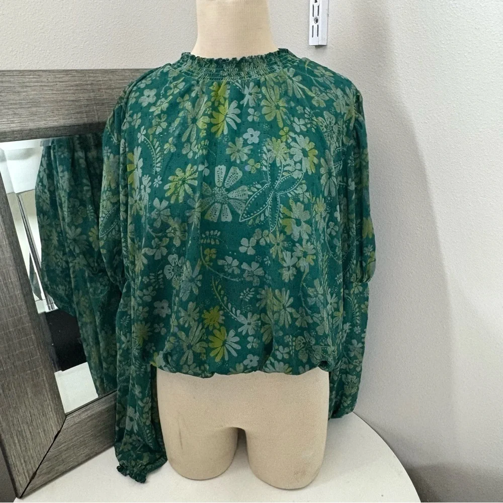 Free People Green Puff Sleeve Ruffled Blouse